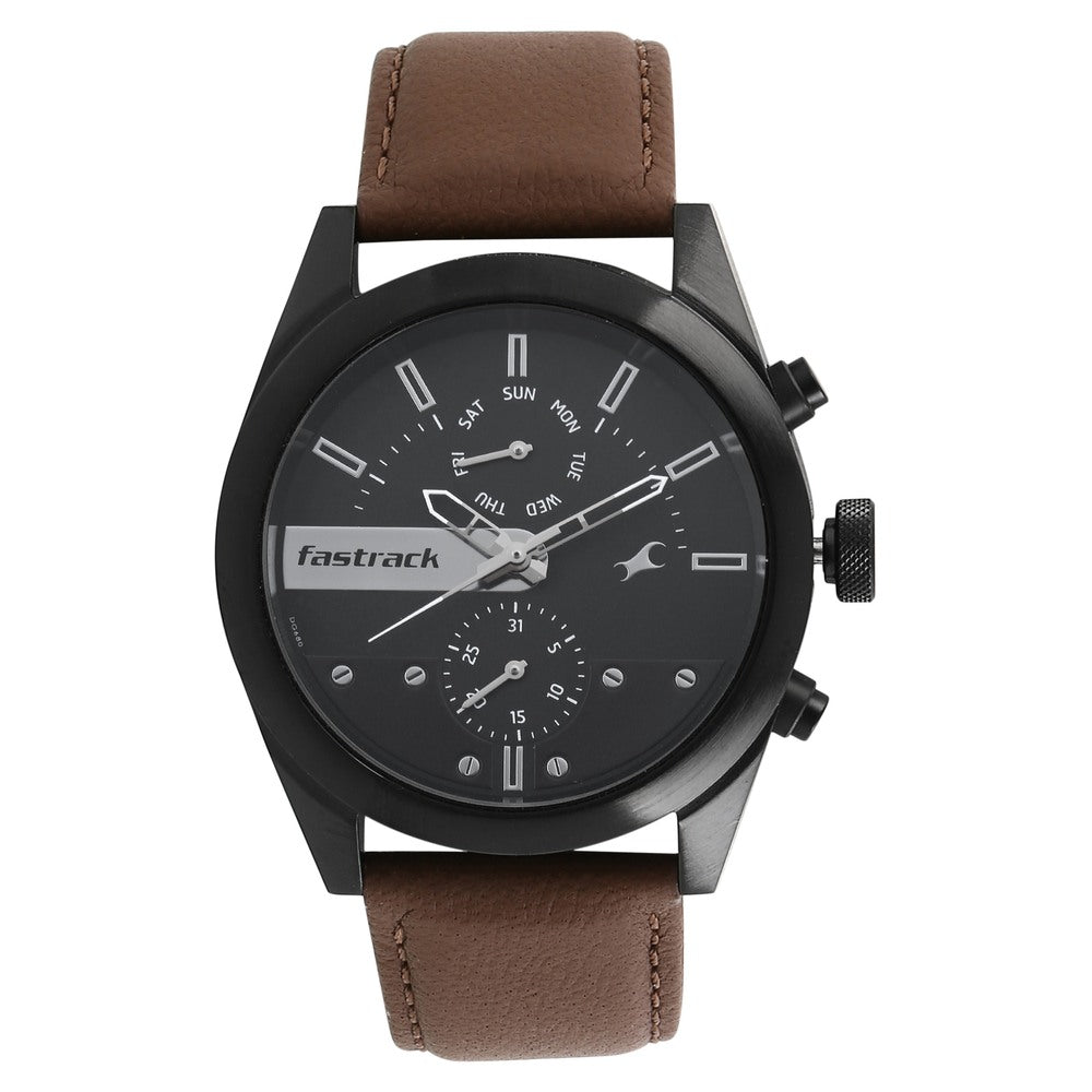 Fastrack All Nighters Quartz Multifunction Black Dial Leather Strap Wa