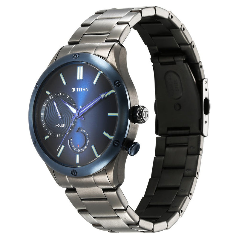 Titan Stellar Quartz Multifunction Blue Dial Stainless Steel Strap Watch for Men