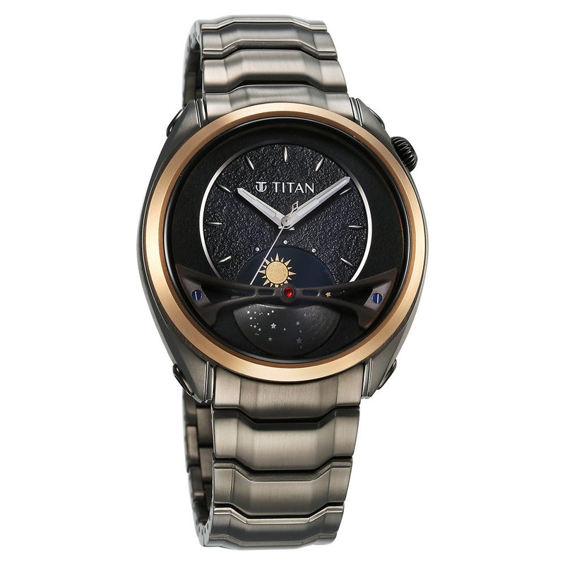 Titan Stellar Quartz Multifunction Black Dial Stainless Steel Strap Watch for Men