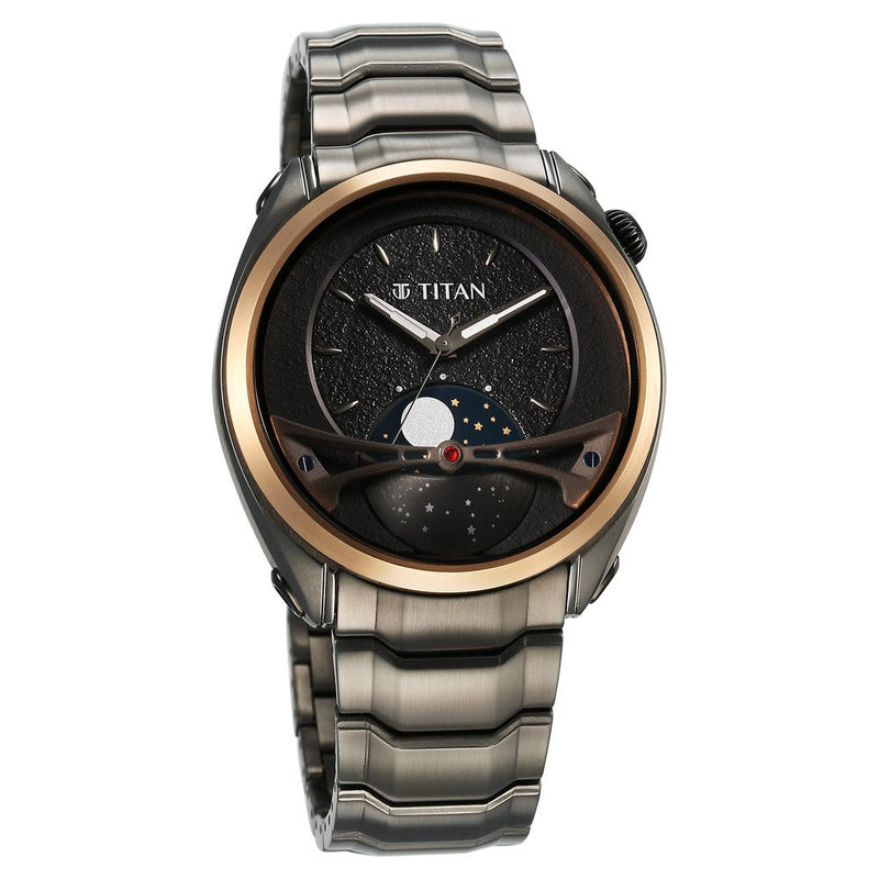 Titan Stellar Quartz Multifunction Black Dial Stainless Steel Strap Watch for Men