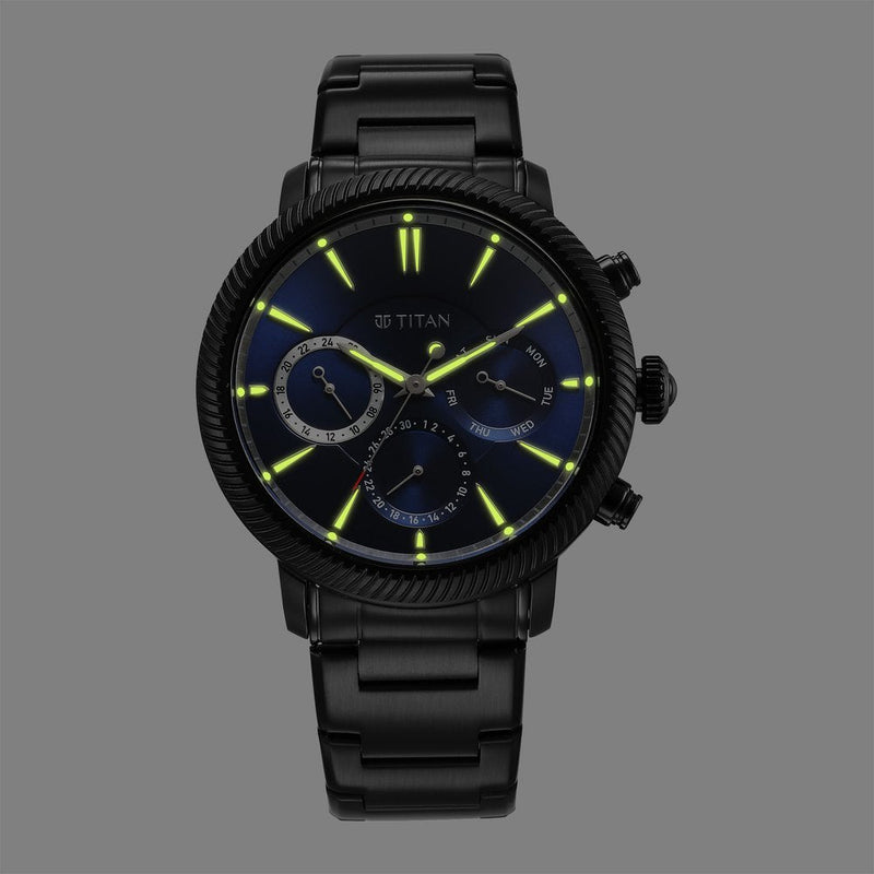 Titan Stellar Quartz Multifunction Blue Dial Stainless Steel Strap Watch for Men