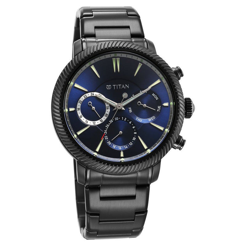 Titan Stellar Quartz Multifunction Blue Dial Stainless Steel Strap Watch for Men