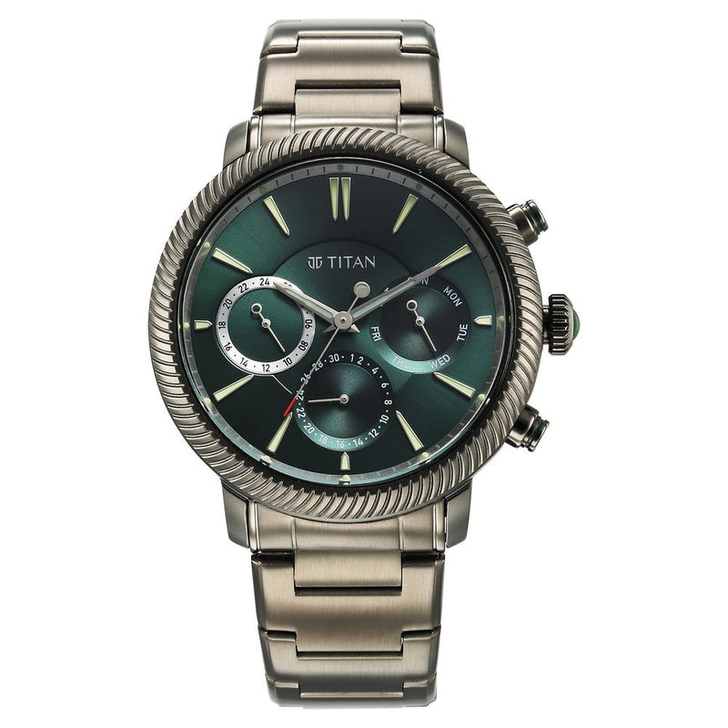 Titan Stellar Quartz Multifunction Green Dial Stainless Steel Strap Watch for Men