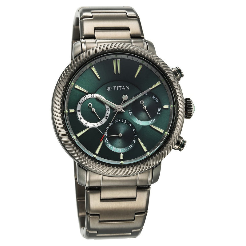 Titan Stellar Quartz Multifunction Green Dial Stainless Steel Strap Watch for Men