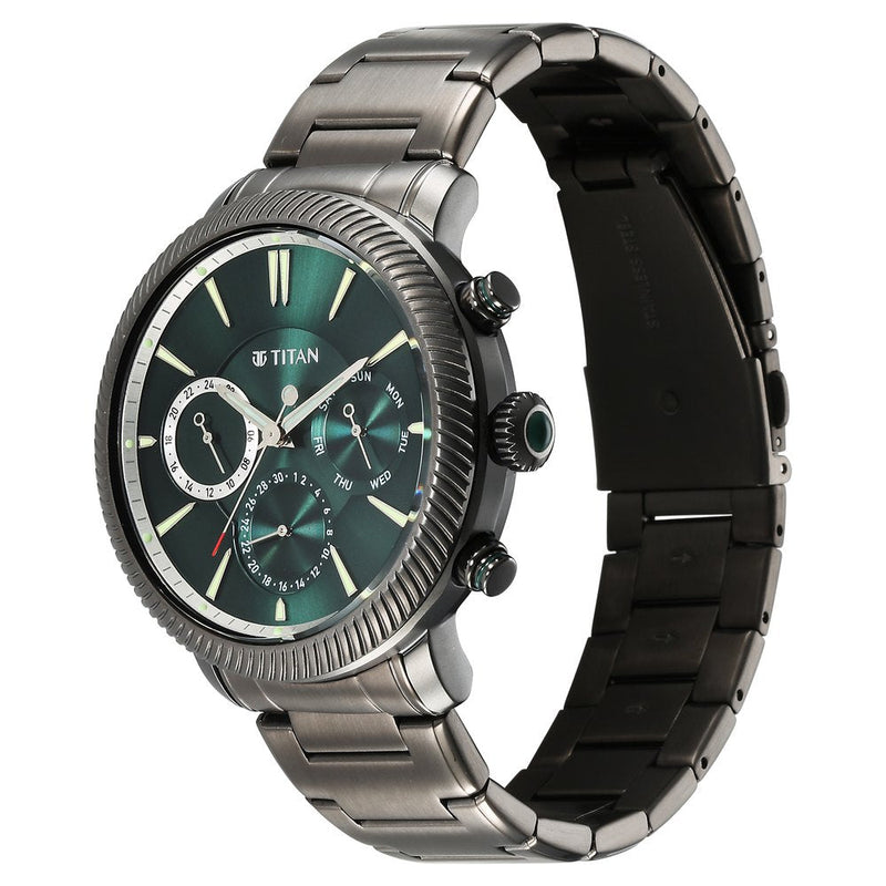 Titan Stellar Quartz Multifunction Green Dial Stainless Steel Strap Watch for Men