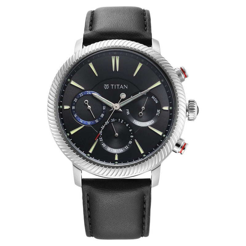 Titan Stellar Quartz Multifunction Black Dial Leather Strap Watch for Men