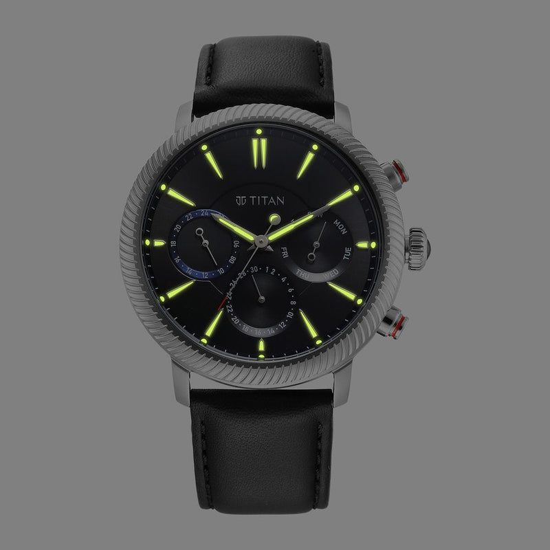 Titan Stellar Quartz Multifunction Black Dial Leather Strap Watch for Men