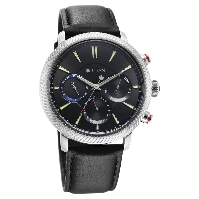 Titan Stellar Quartz Multifunction Black Dial Leather Strap Watch for Men