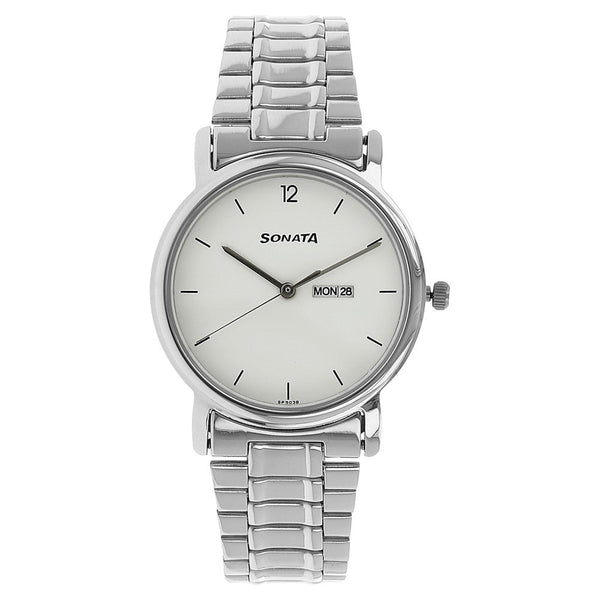 Sonata Quartz Analog with Day and Date White Dial Stainless Steel Strap Watch for Men