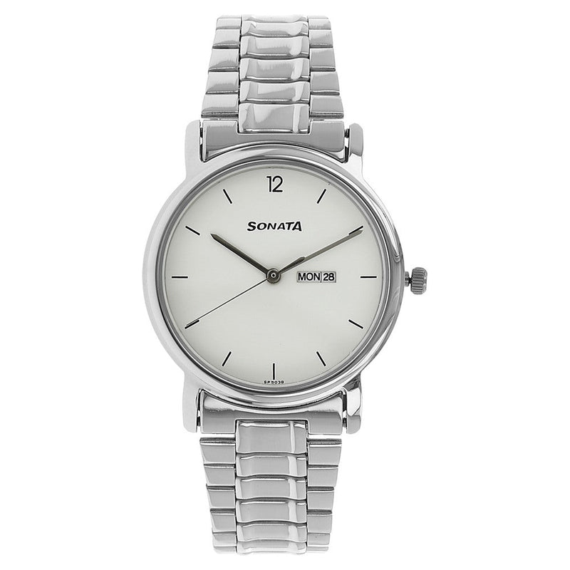 Sonata Quartz Analog with Day and Date White Dial Stainless Steel Strap Watch for Men