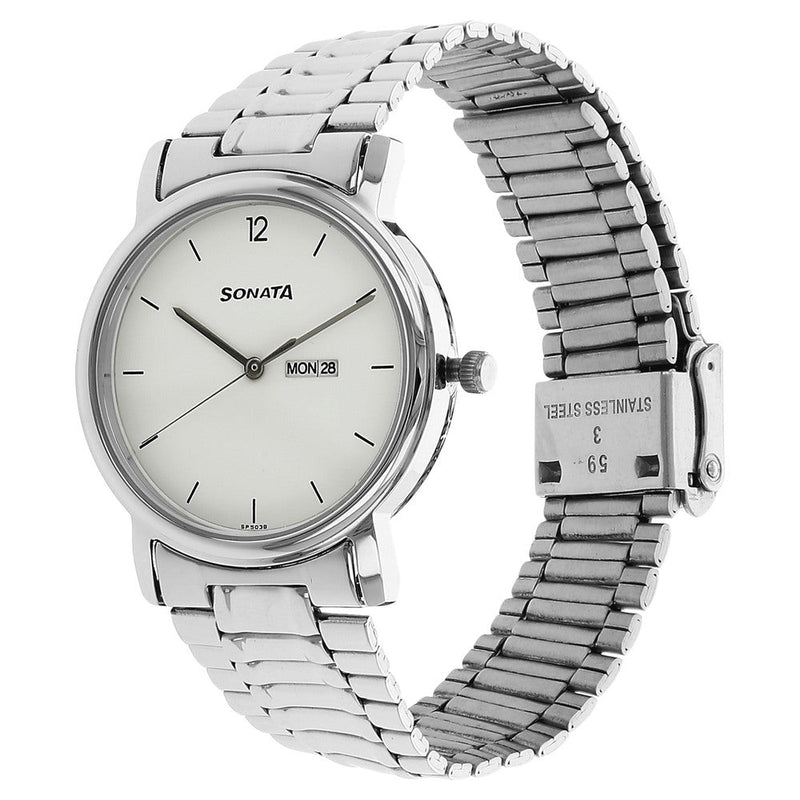 Sonata Quartz Analog with Day and Date White Dial Stainless Steel Strap Watch for Men