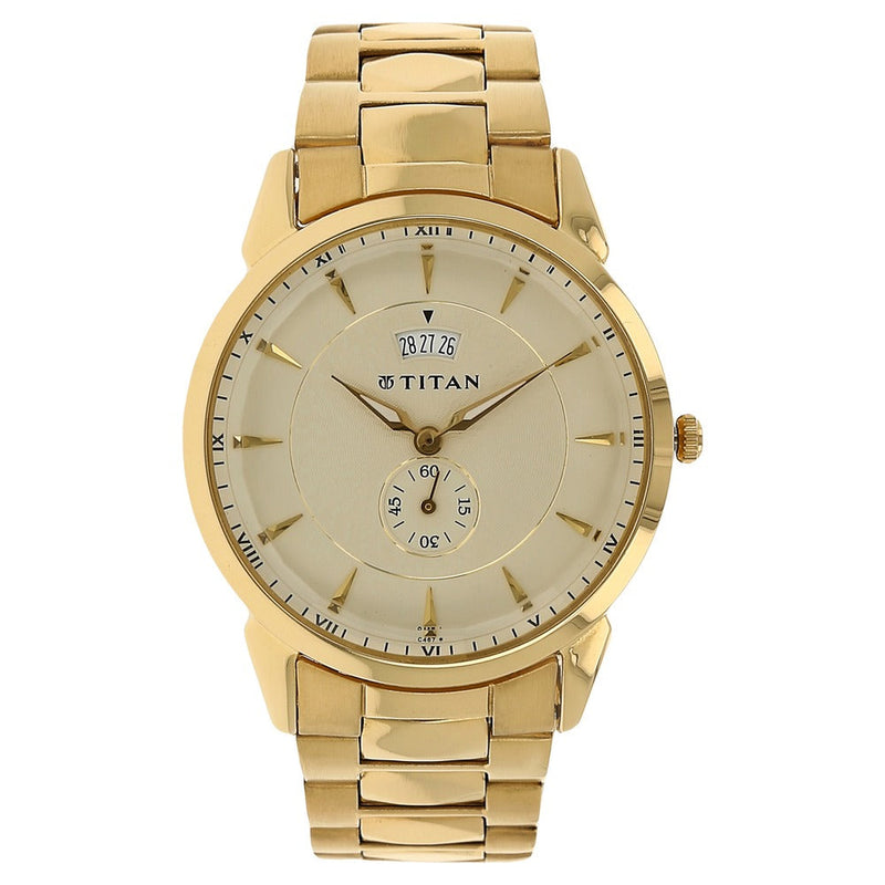 Titan Quartz Analog with Date Champagne Dial Stainless Steel Strap Watch for Men