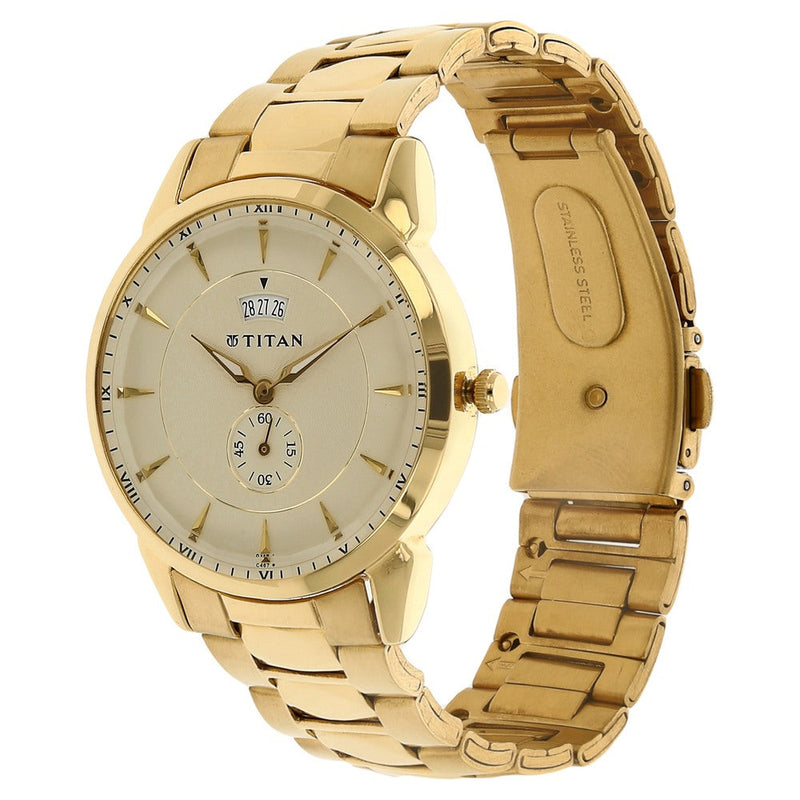 Titan Quartz Analog with Date Champagne Dial Stainless Steel Strap Watch for Men