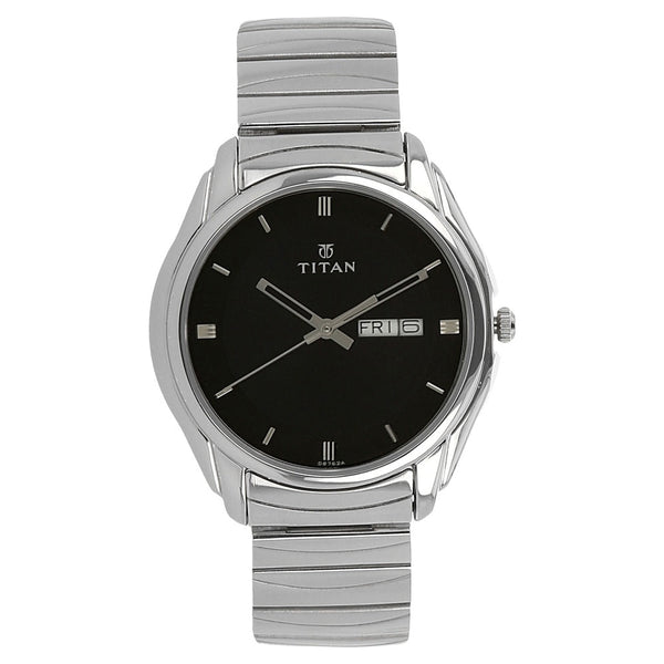 Titan Quartz Analog with Day and Date Black Dial Stainless Steel Strap Watch for Men