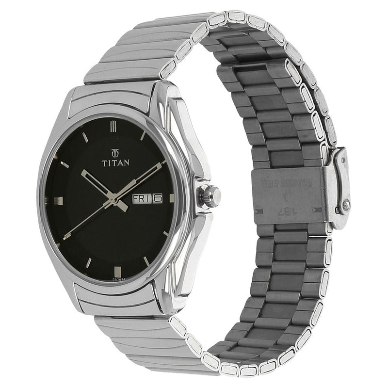 Titan Quartz Analog with Day and Date Black Dial Stainless Steel Strap Watch for Men