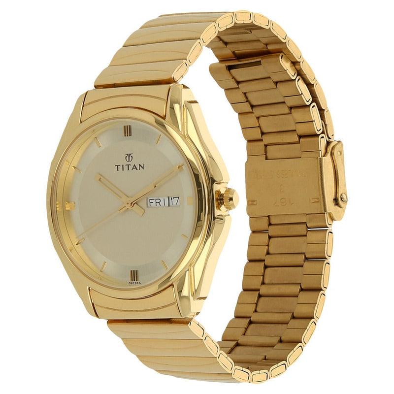 Titan Quartz Analog with Day and Date Champagne Dial Stainless Steel Strap Watch for Men