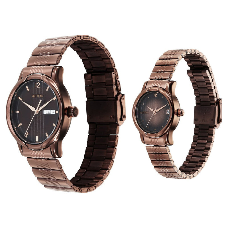 Titan Bandhan Quartz Analog with Date Brown Dial Stainless Steel Strap Watch for Couple