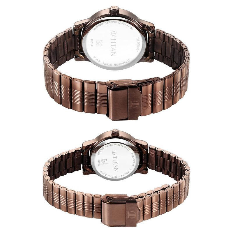 Titan Bandhan Quartz Analog with Date Brown Dial Stainless Steel Strap Watch for Couple