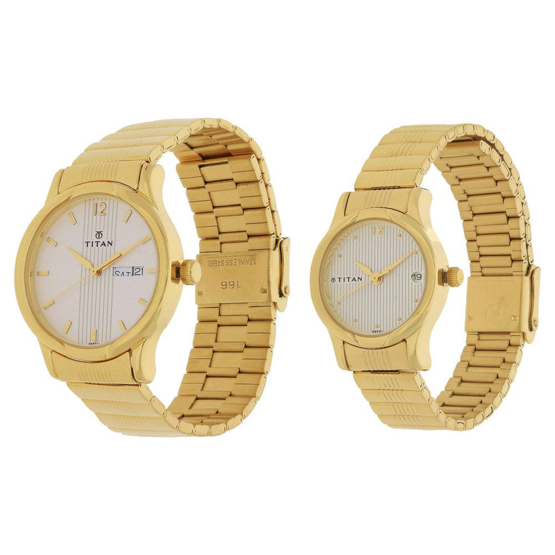 Titan Quartz Analog with Day and Date White Dial Metal Strap Watch for Couple