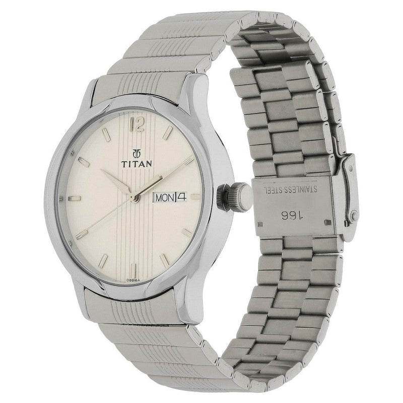 Titan Quartz Analog with Day and Date Silver Dial Stainless Steel Strap Watch for Men