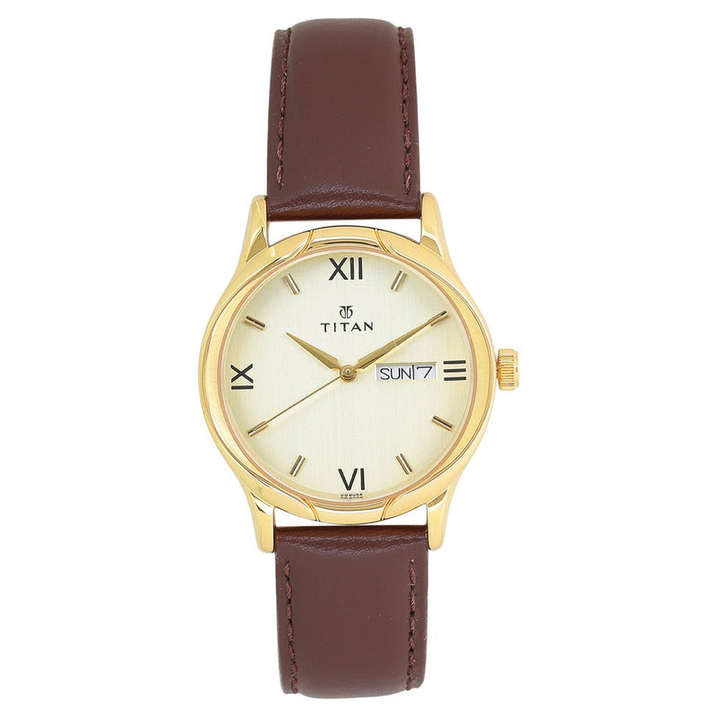 Titan Champagne Dial Analog Day and Date Leather Strap watch for Men