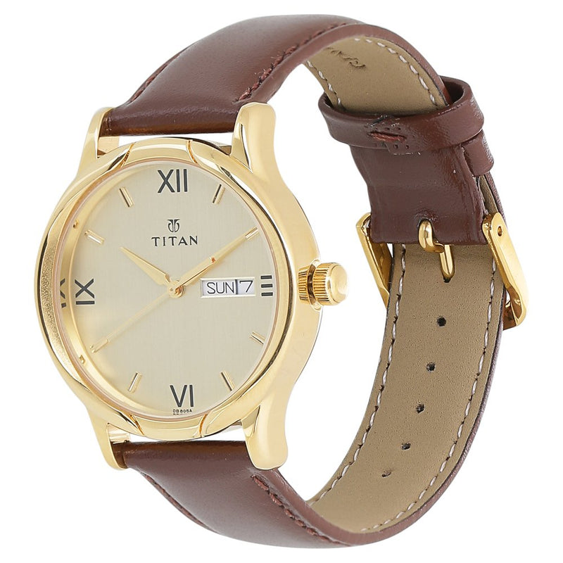 Titan Champagne Dial Analog Day and Date Leather Strap watch for Men