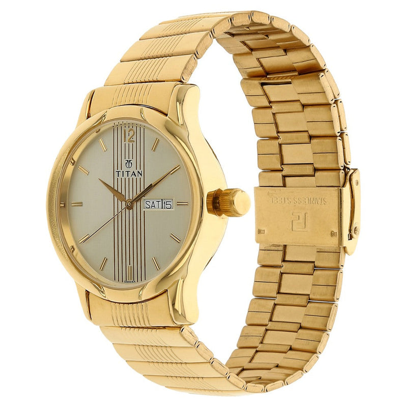 Titan Analog with Day and Date Champagne Dial Metal Strap watch for Men