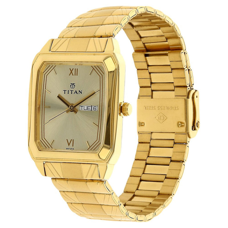 Titan Quartz Analog with Day and Date Champagne Dial Stainless Steel Strap Watch for Men