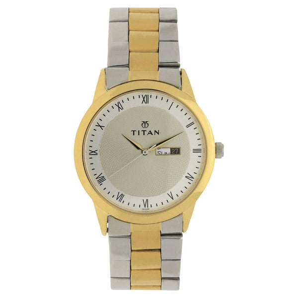 Titan Quartz Analog with Day and Date Champagne Dial Stainless Steel Strap Watch for Men