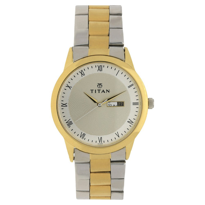 Titan Quartz Analog with Day and Date Champagne Dial Stainless Steel Strap Watch for Men