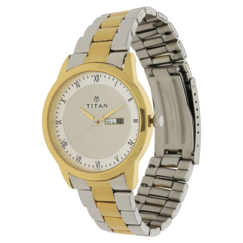 Titan Quartz Analog with Day and Date Champagne Dial Stainless Steel Strap Watch for Men