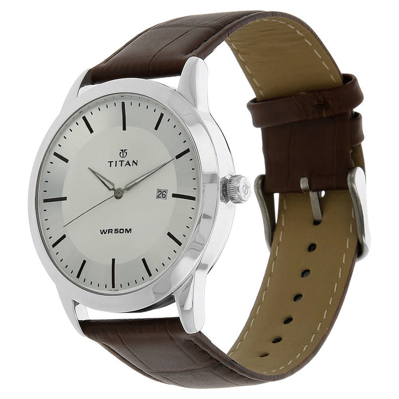 Titan Classique Silver Dial Analog with Date Leather Strap watch for Men