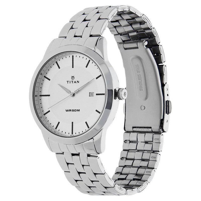 Titan Quartz Analog with Date White Dial Stainless Steel Strap Watch for Men