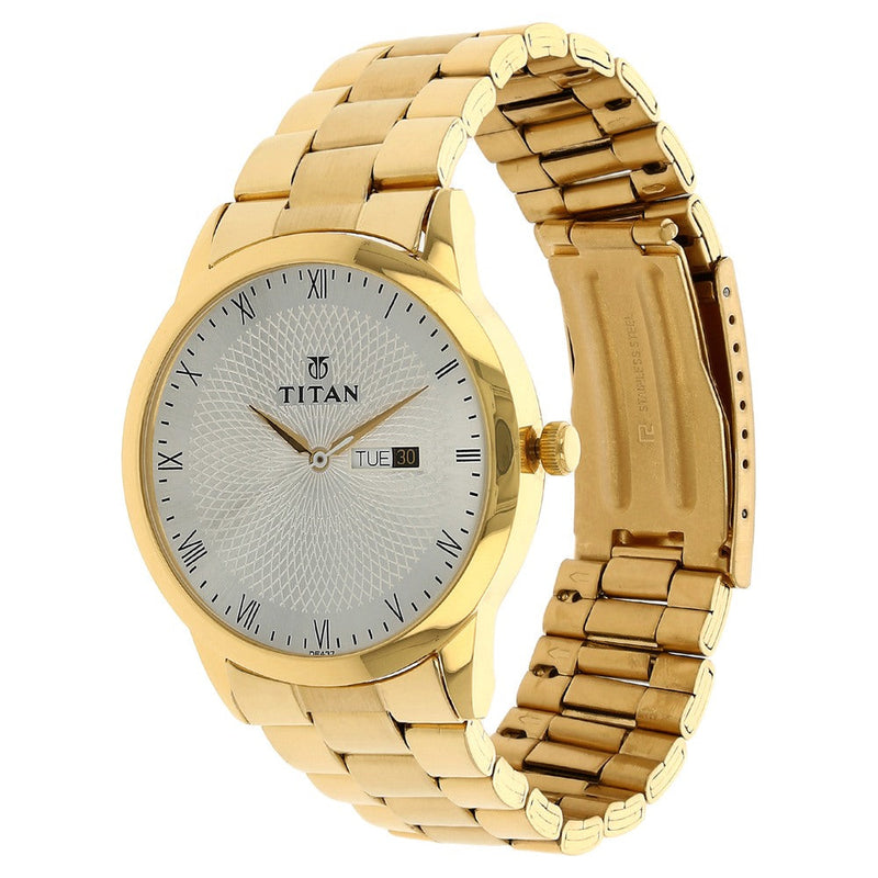 Titan Quartz Analog with Day and Date Silver Dial Stainless Steel Strap Watch for Men