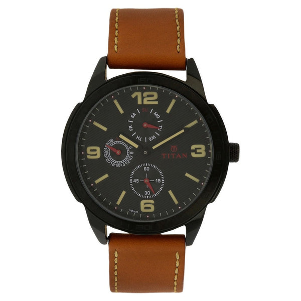 Titan Quartz Multifunction Black Dial Leather Strap Watch for Men