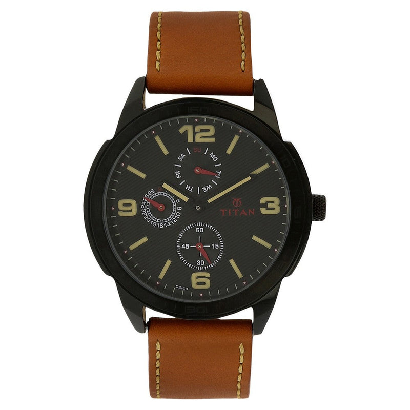 Titan Quartz Multifunction Black Dial Leather Strap Watch for Men