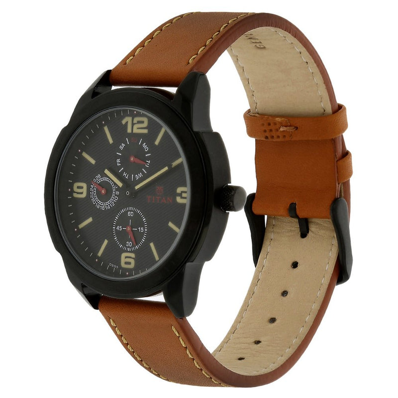 Titan Quartz Multifunction Black Dial Leather Strap Watch for Men