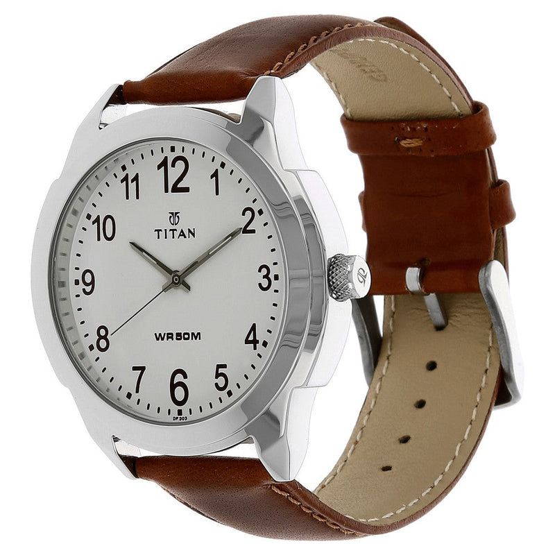 Titan Quartz Analog White Dial Leather Strap Watch for Men