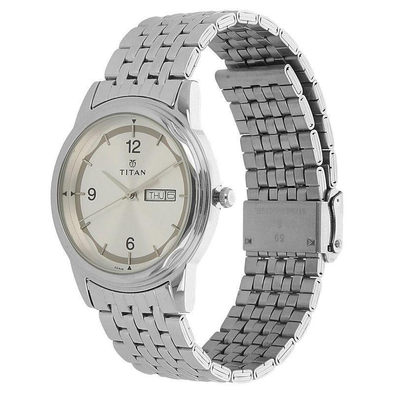 Titan Quartz Analog with Day and Date Silver Dial Stainless Steel Strap Watch for Men