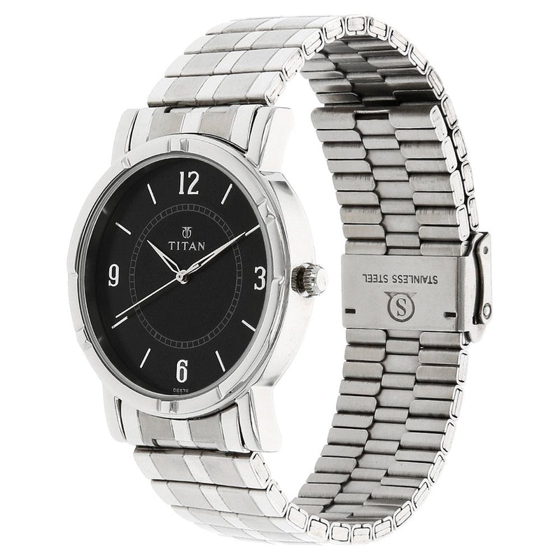 Titan Quartz Analog Black Dial Stainless Steel Strap Watch for Men