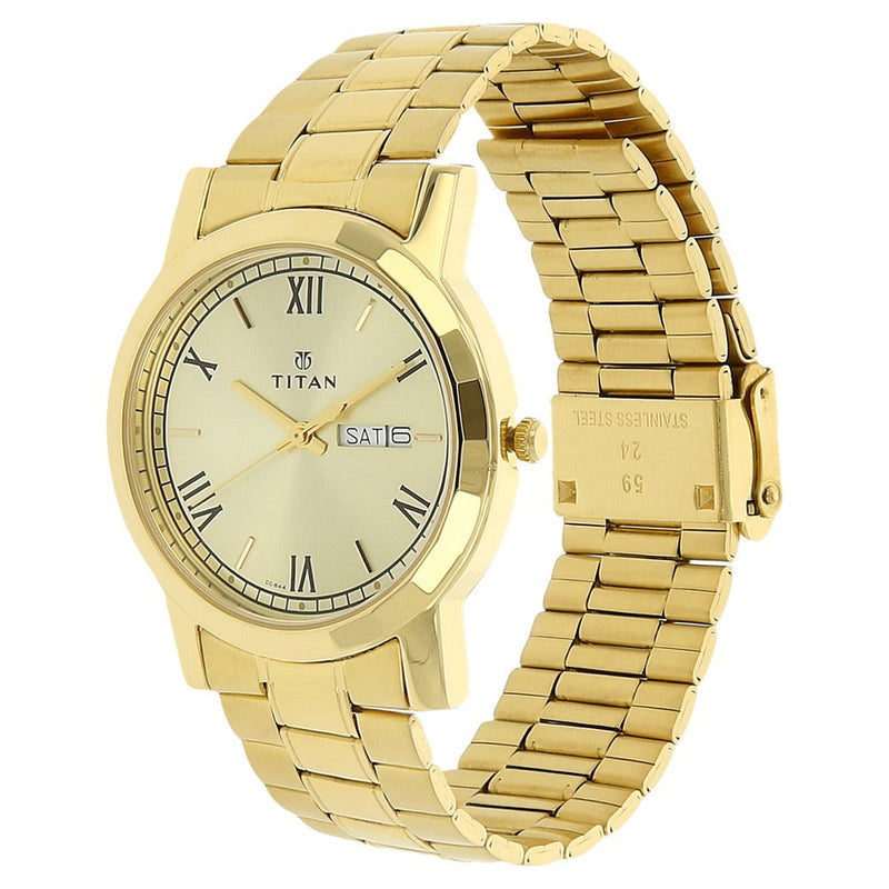 Titan Quartz Analog with Day and Date Champagne Dial Stainless Steel Strap Watch for Men