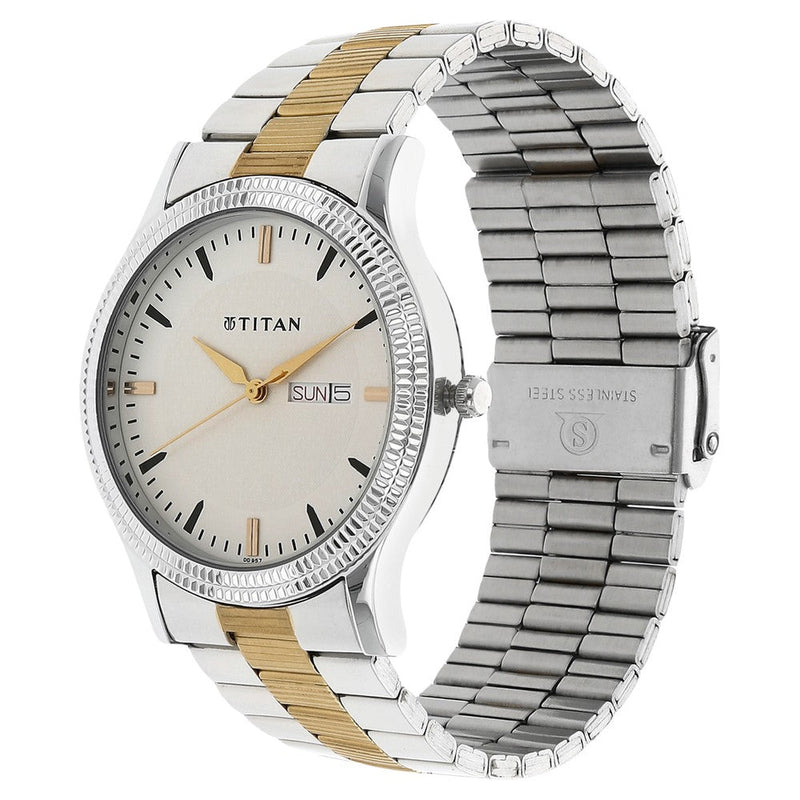 Titan Metal White Dial Analog with Day and Date Stainless Steel Strap Watch for Men