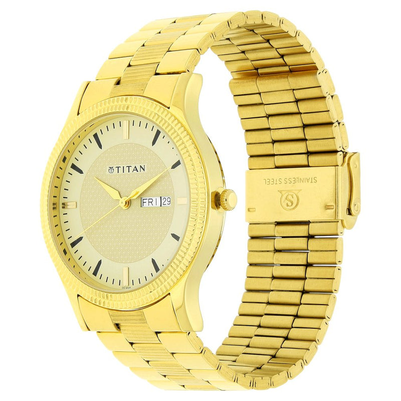 Titan Quartz Analog with Day and Date Champagne Dial Stainless Steel Strap Watch for Men