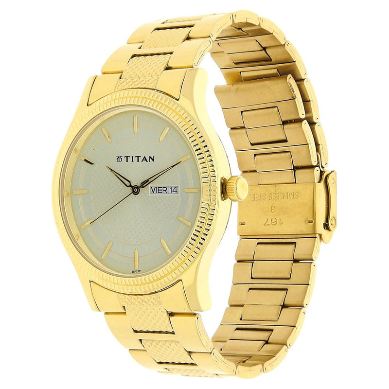 Titan Analog with Day and Date Quartz Champagne Dial Metal Round Stainless Steel Strap watch for Men