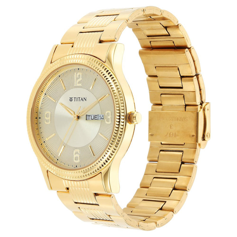 Titan Quartz Analog Champagne Dial Stainless Steel Strap Watch for Men