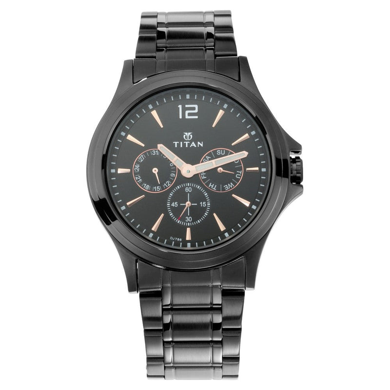 Titan Quartz Multifunction Black Dial Stainless Steel Strap Watch for Men