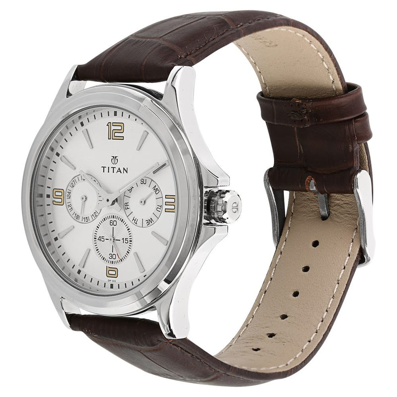 Titan Quartz Multifunction Silver Dial Leather Strap Watch for Men