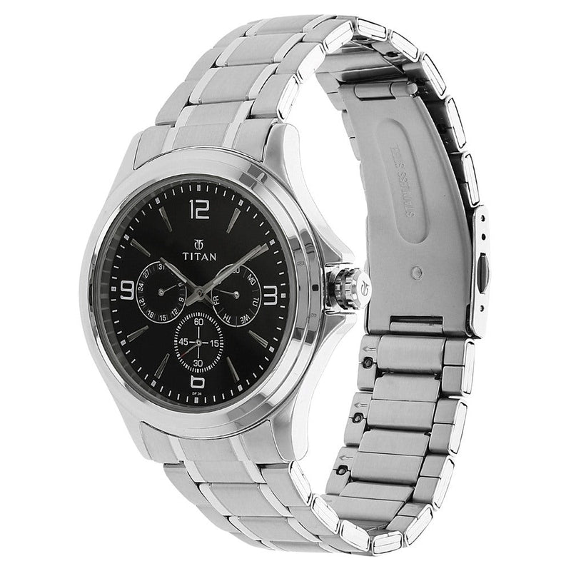 Titan Quartz Multifunction Black Dial Stainless Steel Strap Watch for Men