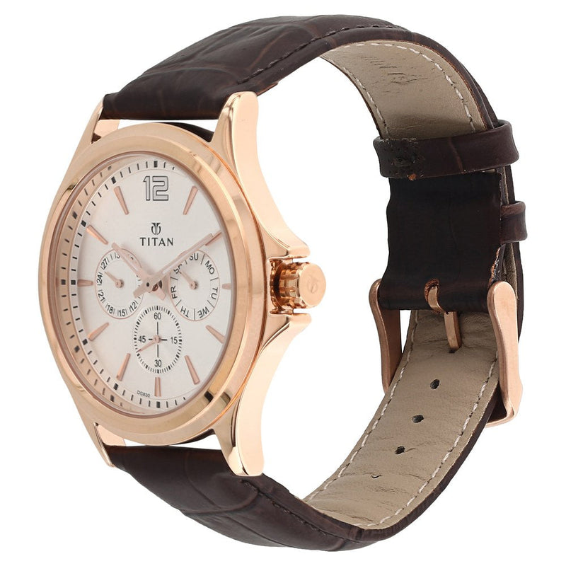 Titan Quartz Multifunction White Dial Leather Strap Watch for Men