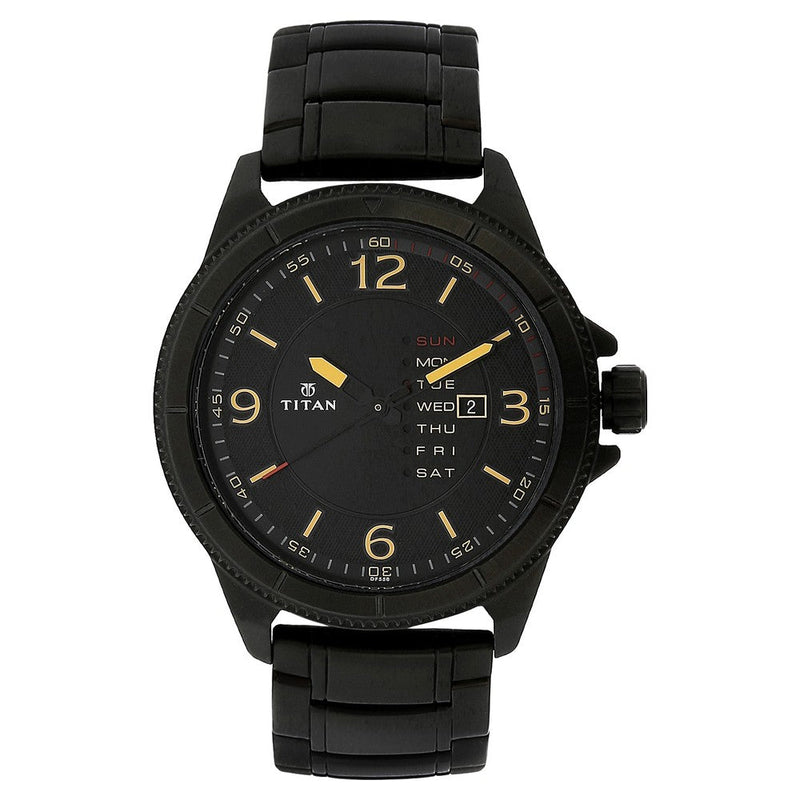 Titan Quartz Analog with Day and Date Black Dial Stainless Steel Strap Watch for Men